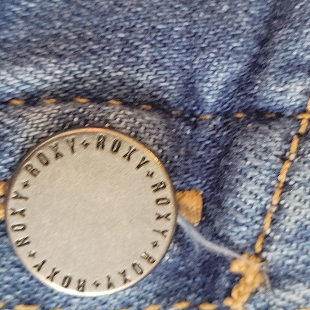 Roxy Stretch Denim Button Front Mini Jean Dress Beach Festival Boho Cottagecore - Picture 10 of 10